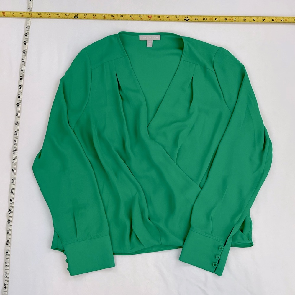 Chelsea28 Small Green Cross Front Blouse Flowy Long Sleeve Tailored Top